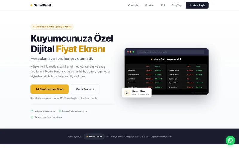 SarrafPanel kuyumcu fiyat ekranı